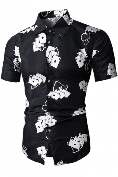 Fancy Cool 3D Digital Playing Cards Printed Short Sleeve Slim Fit Button-Up Men's Black Shirt
