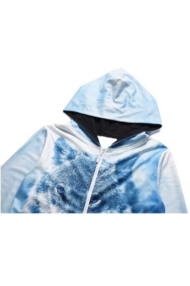 Fashion Blue Wolf Printed Long Sleeve Hooded Zip Up Casual Loose Lounge Jumpsuits for Men