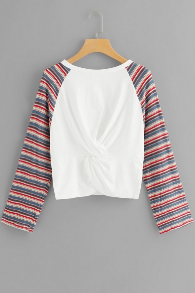Fashionable Colorful Striped Long Sleeve Round Neck White Kinking Loose T-Shirt
