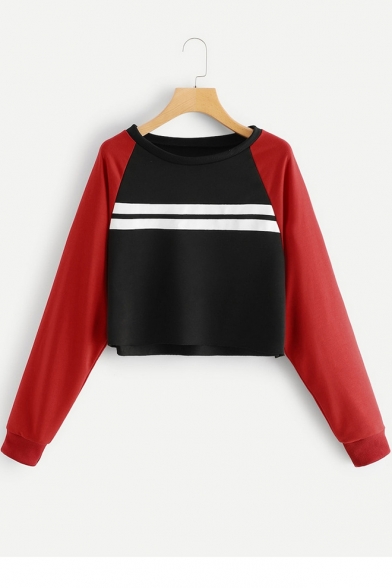 Fashionable Cropped Stripes Print Colorblock Long Sleeve Round Neck Black Pullover Sweatshirt