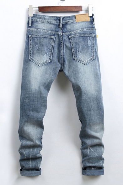 Guys New Fashion Bleach Washed Stretch Slim Fit Distressed Ripped Blue Jeans