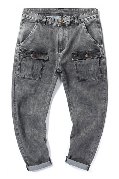 Guys Street Style Multi-Pockets Rolled Cuff Relaxed Fit Grey Jeans