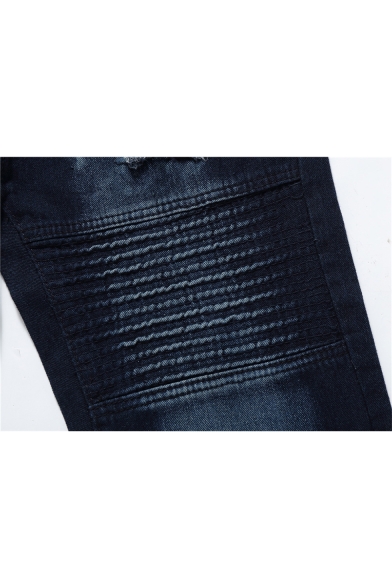 Hip Hop Style Pocket Pleated Patchwork Slim Fit Ripped Jeans for Mens