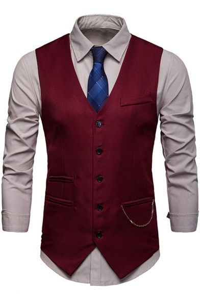 Hot Fashion Chain Embellished Solid Color Buckle Back Single Breasted Men's Suit Vest