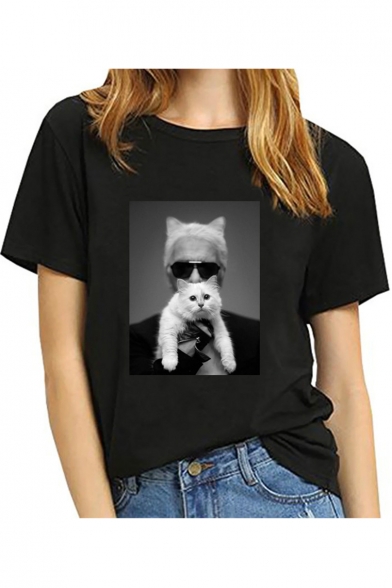 Cat Figure Popular Short Sleeve Black T-Shirt