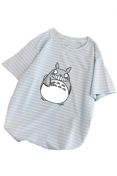 Lovely Totoro Stripes Printed Short Sleeve Loose Fit Cotton T-Shirt