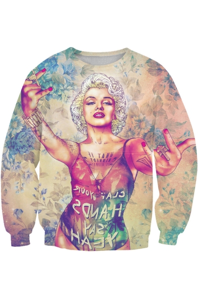 Marilyn Monroe Floral Figure 3D Printed Round Neck Long Sleeve Pullover Sweatshirt