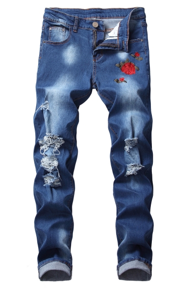 Men's Hot Fashion Rose Floral Embroidery Stretch Slim Fit Blue Ripped Jeans