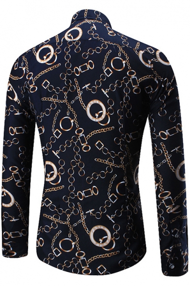 Men's New Arrival Chain Printed Long Sleeve Navy Slim Fit Button-Up Shirt