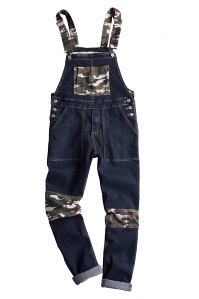 Men's New Stylish Camo Printed Patchwork Loose Casual Blue Jeans Denim Bib Overalls
