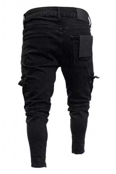 Men's New Stylish Pleated Flap-Pocket Side Stretch Skinny Fit Black Cargo Jeans