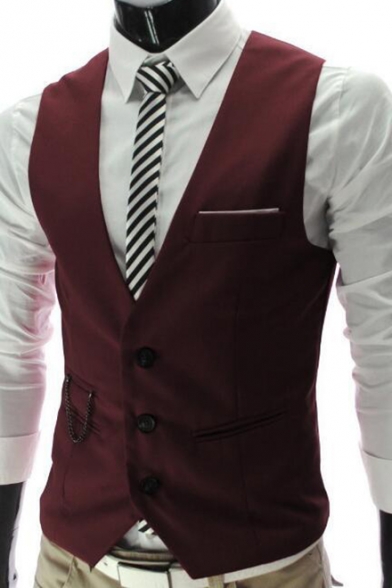 Men's Solid Chain Embellished Single Breasted Slim Fit Suit Vest