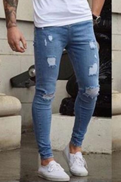 Men's Street Hip Hop Style Knee Cut Casual Ripped Skinny Jeans