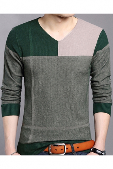 Men's Fashion Design Long Sleeve Color Matching V Neck Sweaters Youth Pullover