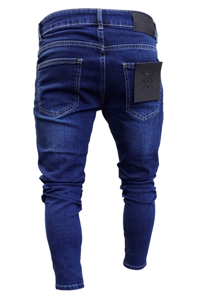 Mens Hip Hop Fashion Zip Side Embellished Dark Blue Ripped Skinny Fit Jeans