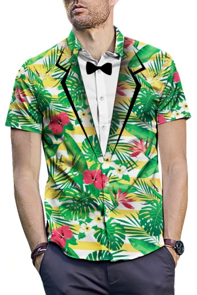 Mens Summer Tropical Leaf Print 3D Blazer Pattern Short Sleeve Green Shirt