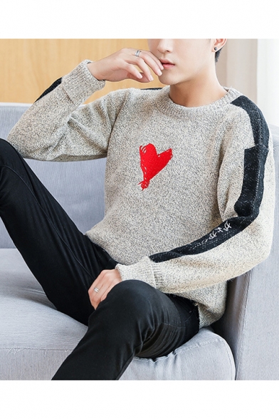 Mens Trendy Heart Print Front Colorblock Long Sleeve Marled Knit Sweater