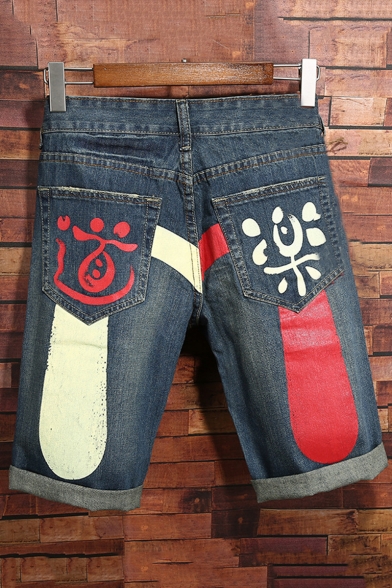 Mens Unique Cool Chinese Character Printed Rolled Cuff Indigo Denim Shorts