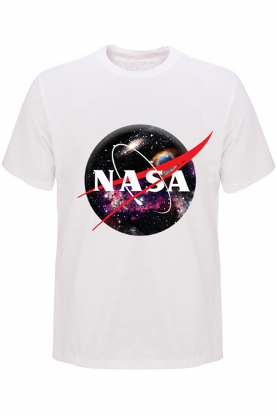 NASA Letter Planet Printed Short Sleeve Round Neck Leisure White T-Shirt