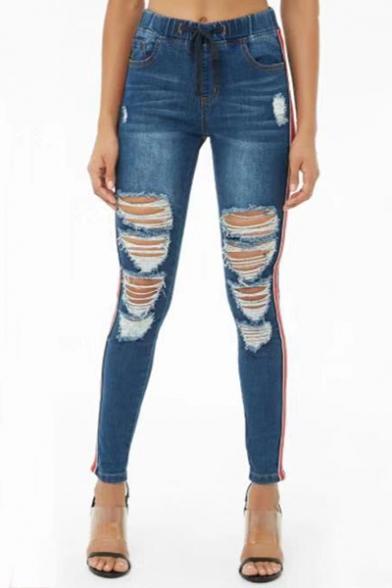 New Fashion Stripe Side Drawstring Elastic Waist Ripped Skinny Blue Denim Jeans