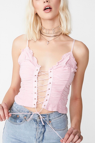 New Sexy Ruched Lace-Up Front Spaghetti Straps Pink Cropped Cami