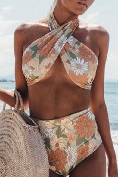 New Stylish Sexy Floral Printed Halter Backless Yellow Beach Bikini