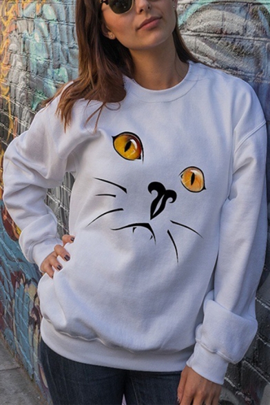Popular Cute Cat Pattern Round Neck Long Sleeves Leisure Pullover Sweatshirt