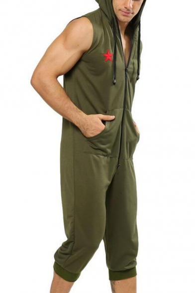 Popular Simple Star Printed Camo Hooded Zip Front Casual Lounge Green Rompers Jumpsuits for Men
