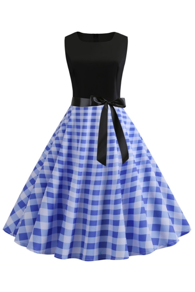 Retro Check Printed Color Block Sleeveless Bow-Tied Waist Midi Fit and Flared Dress