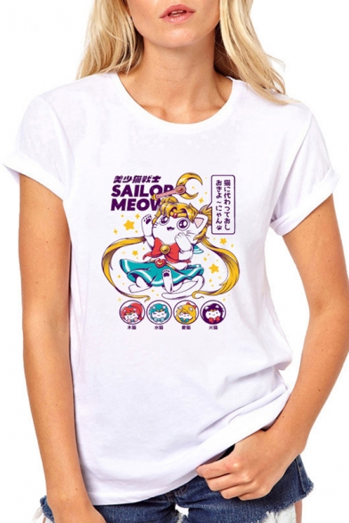 Sailor Moon Comic Girl Printed Short Sleeve Summer Relaxed White T-Shirt