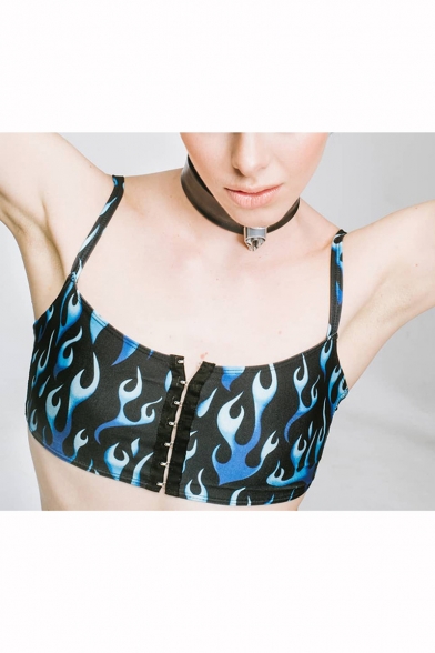 

Sexy Flame Printed Spaghetti Strap Eye Closures Blue Cami Top, LM511502