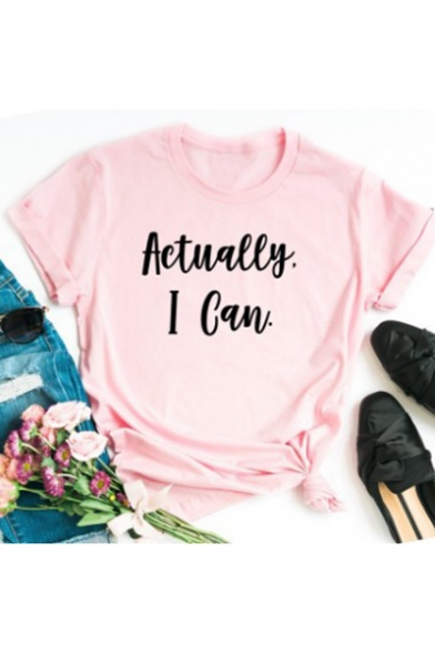 Street Style Letter ACTUALLY I CAN Printed Round Neck Short Sleeve Casual Unisex Pink Tee