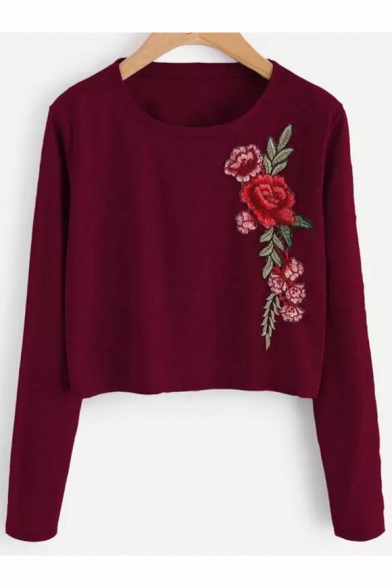 Stylish Embroidery Floral Round Neck Long Sleeve Cropped T-Shirt