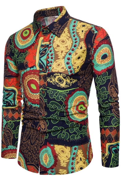 Stylish Ethnic Floral Printed Men's Long Sleeve Casual Fitted Button-Up Shirt
