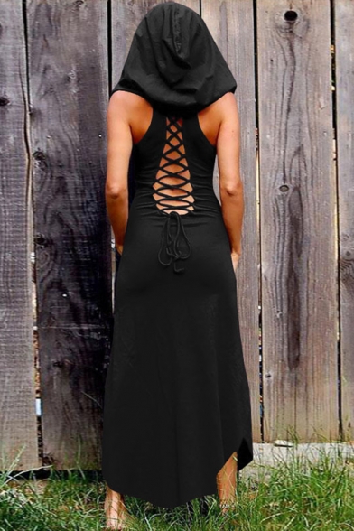 Stylish Vintage Solid Color Hollow Out Back Sleeveless Black Maxi Hoodie Bodycon Dress