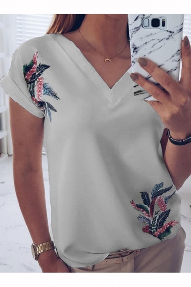 Summer Casual Leaf Printed V-Neck Short Sleeve Women's T-Shirt