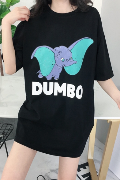 Summer Cute Comic Dumbo Printed Girls Round Neck Tunic Oversized T-Shirt