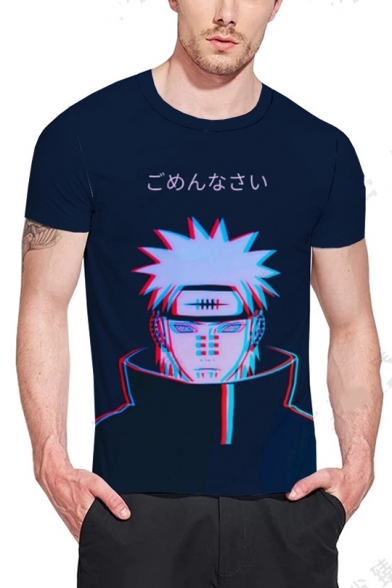 Summer Manga Anime Naruto Figure Print Loose Fit Unisex Blue T-Shirt