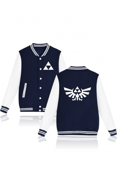 The Legend of Zelda Fashion Logo Printed Stand Collar Long Sleeve Colorblock Button Baseball Jacket