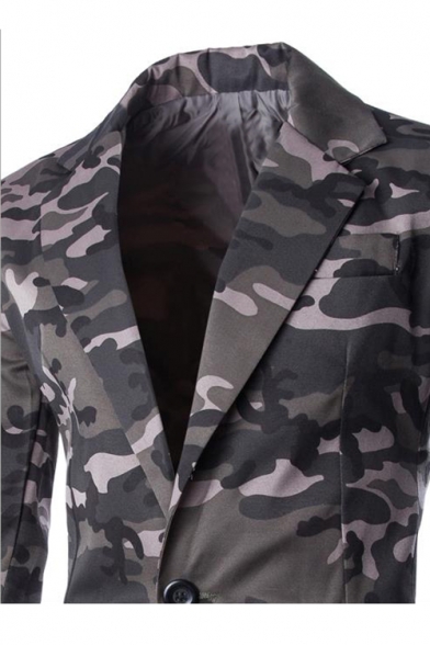 Trendy Camouflaged Pattern Notched Lapel Long Sleeves Single Button Slim Cotton Blazer with Pockets