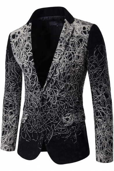 Unique Printed Long Sleeve Notched Lapel Collar Single Button Casual Mens Black Blazer Suit
