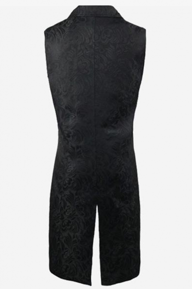 Vintage Floral Jacquard Lapel Collar Double Breasted Open Hem Longline Tuxedo Vest for Men