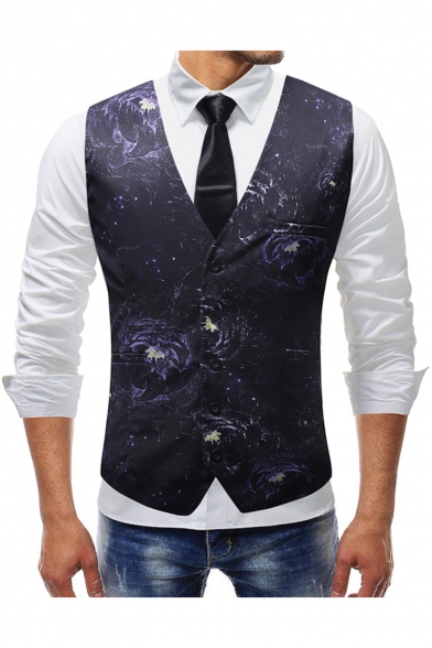 Vintage Floral Pattern Single Breasted Buckle Back Purple Slim Fit Suit Vest for Men