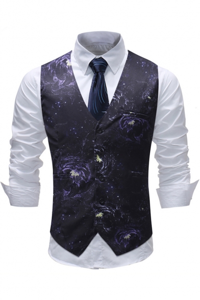 Vintage Floral Pattern Single Breasted Buckle Back Purple Slim Fit Suit Vest for Men