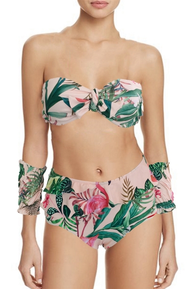 Vintage Tropical Floral Printed Bandeau Top High Waist Bottom Bikinis Swimwear