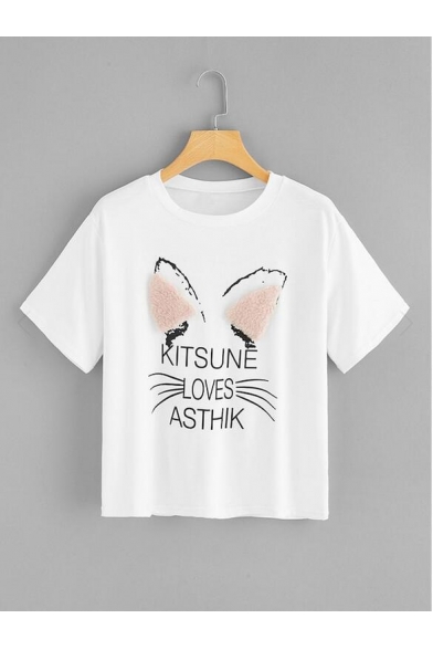White Stereo Ear Cat Letter KITSUNE LOVES ASTHIK Printed Women's Short Sleeve T-shirt