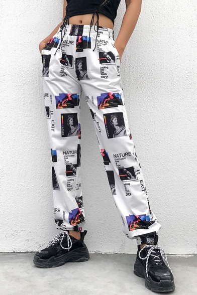 Women's Fashion Letter Figure Printed Elastic Waist Loose Fit White Track Pants