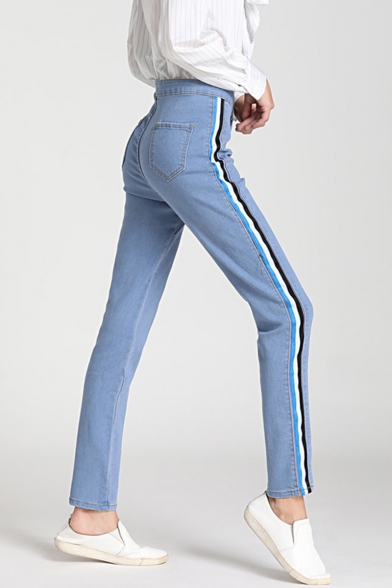 Women's New Fashion Side Stripe Slim Fit Sky Blue Denim Jeans