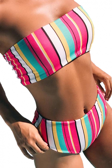 Women's Striped Printed Bandeau Top High Waist Bottom Bikinis Swimwear