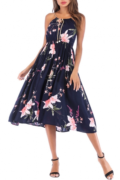 Womens Fashion Straps Navy Floral Printed Midi A-Line Cami Dress